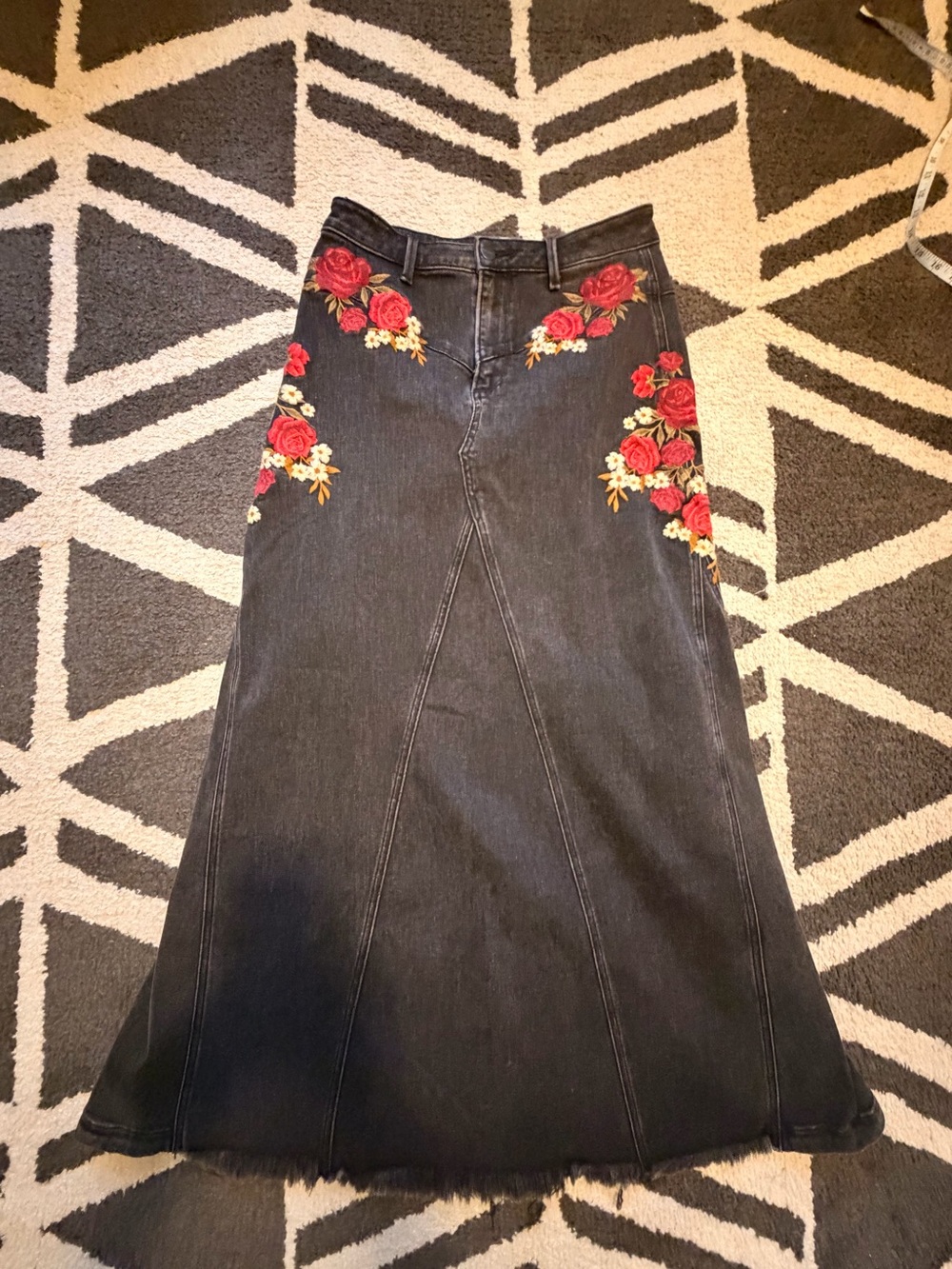 Free People x Driftwood Floral Embroidered Denim Maxi Skirt